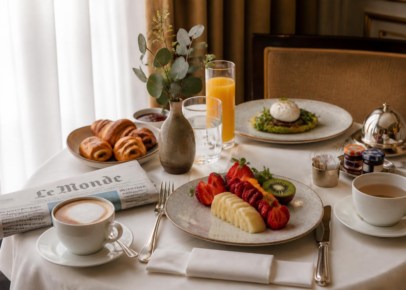 Breakfast table with pastries and fruit