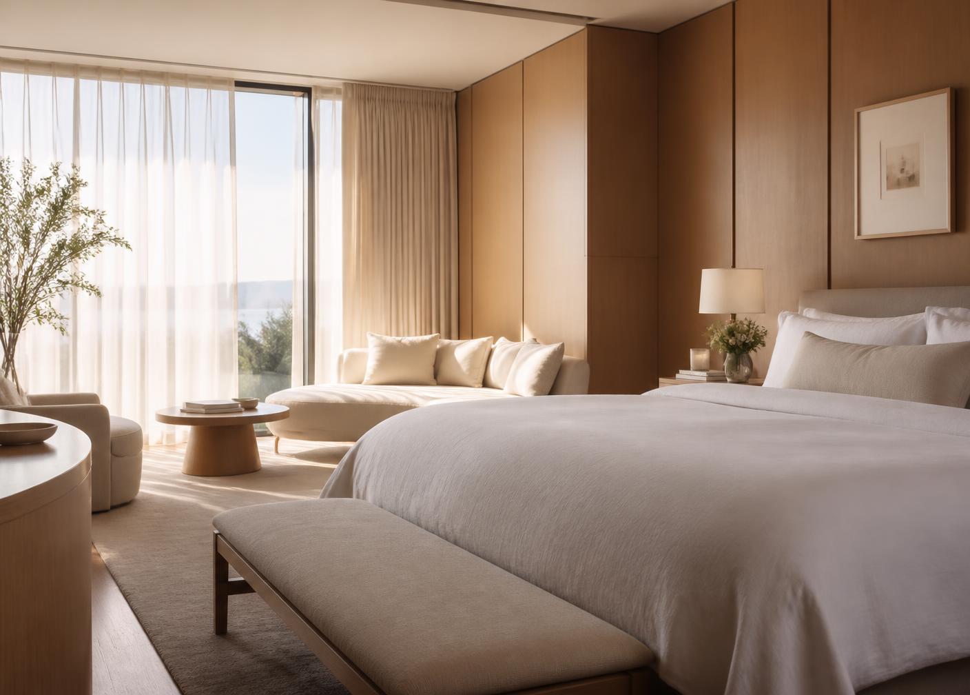 Terrace Suite with linen bedding and sea view