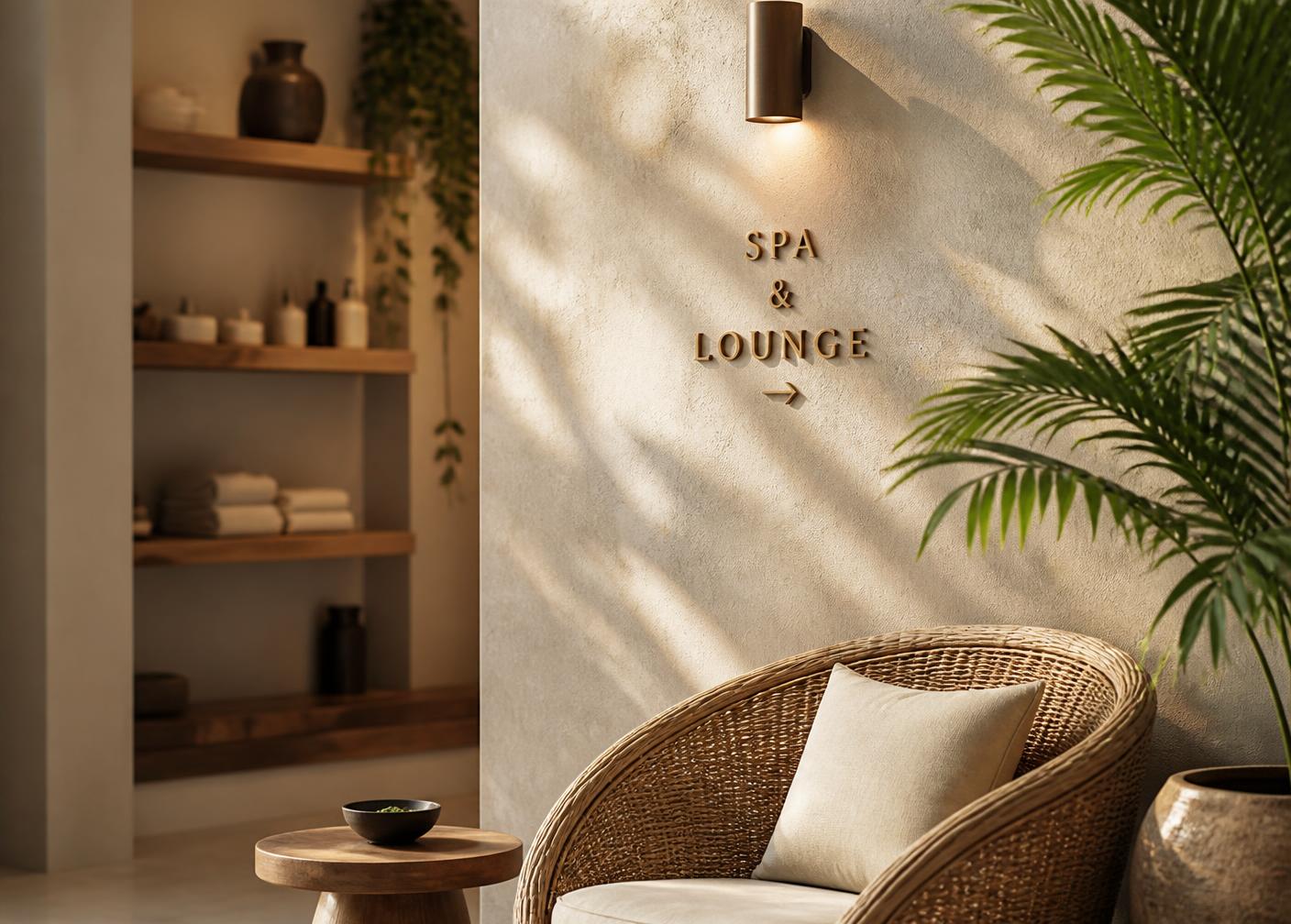 Garden room with rattan furniture and plaster walls